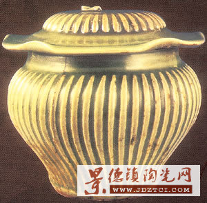 青釉條紋荷葉蓋罐